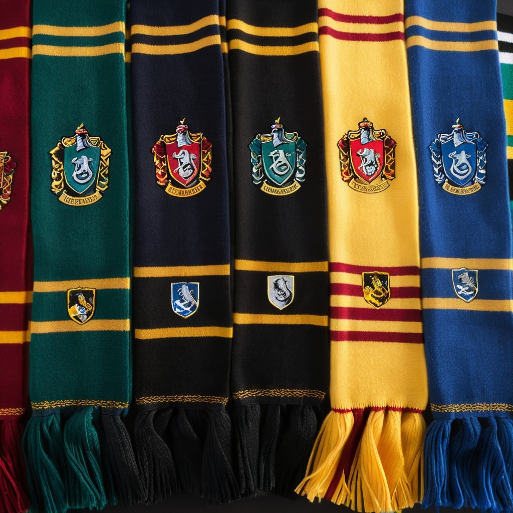 Collection of premium Hogwarts house scarves in house colors with emblems