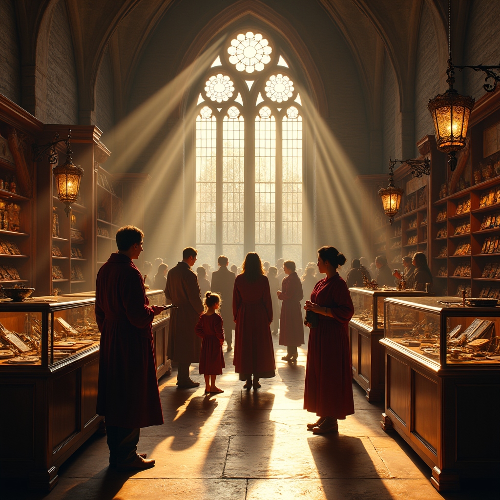Interior of Magicglowup showing display cases of magical artifacts and customers browsing