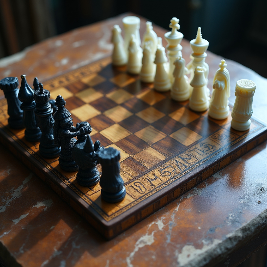 Ornate wizard chess set with magically-themed pieces on marble board